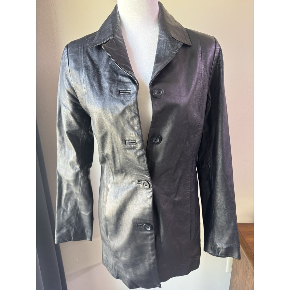 Women's Vintage Mid Length Black Leather Jacket Size Medium